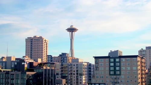 Seattle space needle breathtaking aerial view on a beautiful sunny day in Washington
