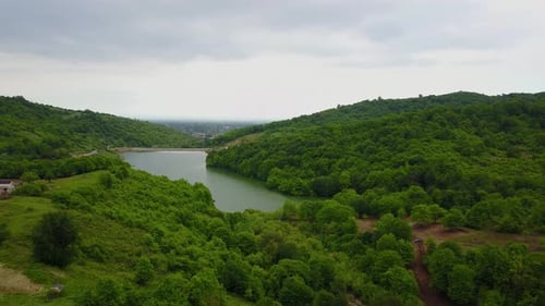 A beautiful dam lake in the middle of green forest in hyrcanian caspian jungle in azerbaijan baku an