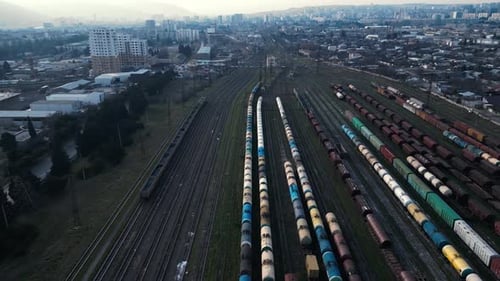 Aerial Of Yard Railway Station With Freight Trains