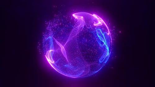 Abstract purple looped energy sphere of particles and waves of magical glowing on a dark background