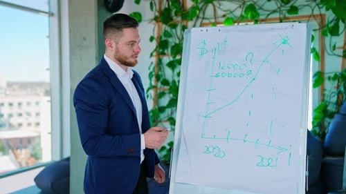 Jeune entrepreneur parlant de la nouvelle stratégie d'un projet. Homme d'affaires écrivant sur un tableau