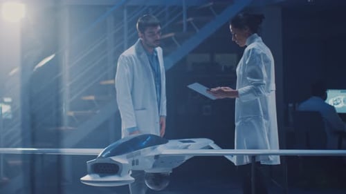 Deux ingénieurs aérospatiaux travaillent sur un prototype de véhicule aérien sans pilote/Drone. Scientifiques de l'aviation en W.