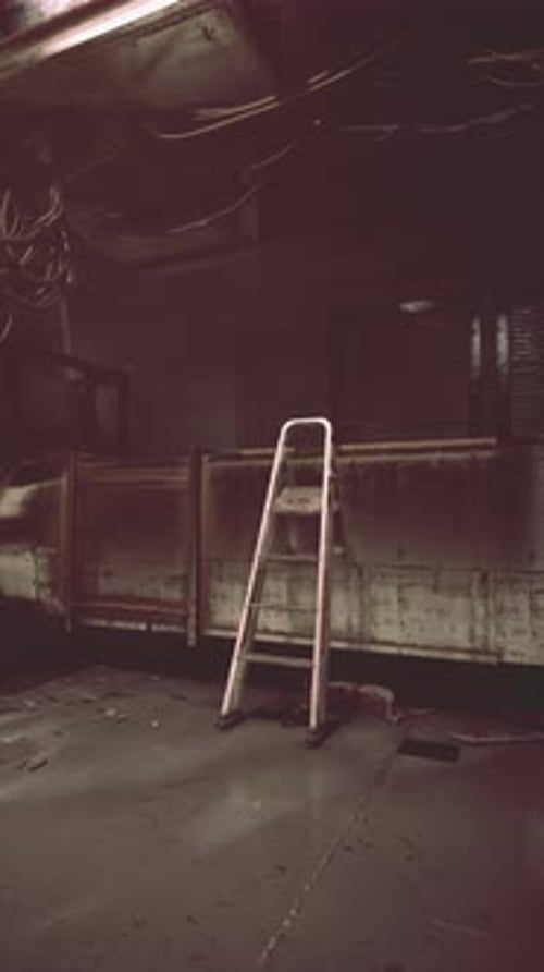 Ladder Stands Alone in Abandoned Industrial Space with Dim Lighting
