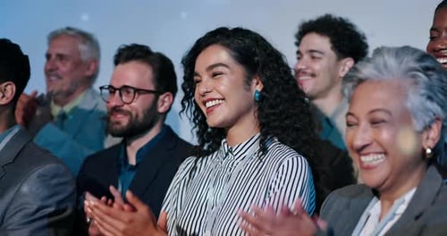 Business woman, excited and applause in audience at conference with cheers for profit at company