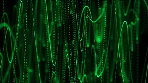 Abstract green color dot particle up down wavy motion background.