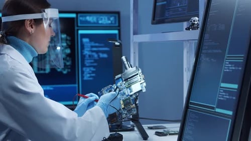 Female Microelectronics Engineer Works in a Modern Scientific Laboratory on Computing Systems and