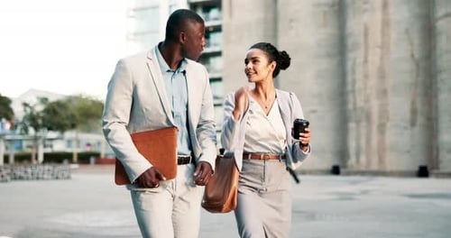 Business people, travel or walking in commute in city to work or office in conversation