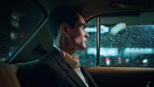 Elegant Lawyer Resting Automobile Night Town Closeup Man Looking Rainy Window