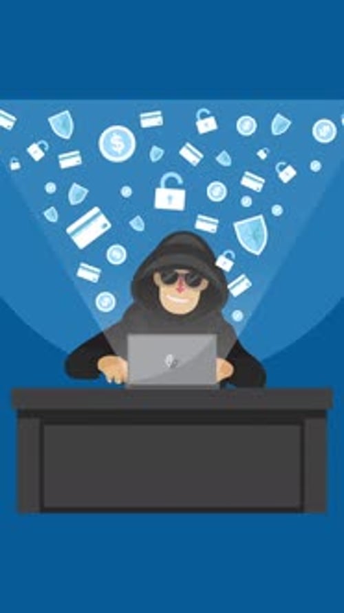 Hacker con computadora portátil robando contraseñas y robando datos confidenciales en vertical