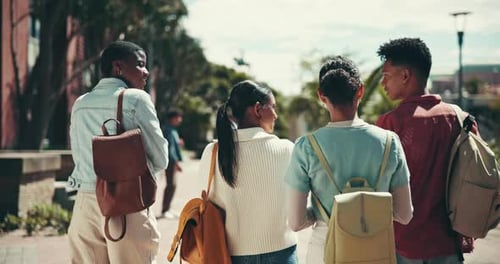 Outdoor, back or students walking in university or college campus for support