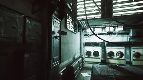 Futuristic Industrial Laundromat Interior with Grungy Atmosphere