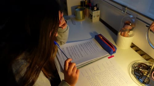 Woman Studying Notes Indoors at Night