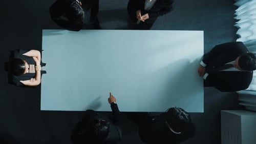 Top view of smart businessman discussing about marketing strategy. Directorate.