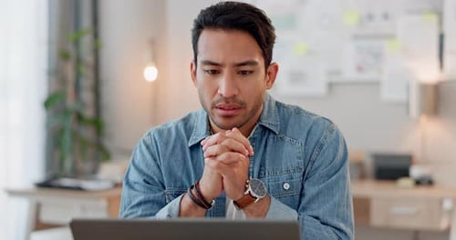 Thinking, business and man with a laptop, ideas and connection with a startup