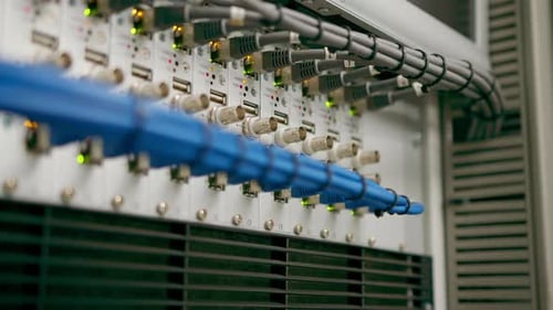 close-up of a pile of network patch cables in a server room in a data center room Data transmission