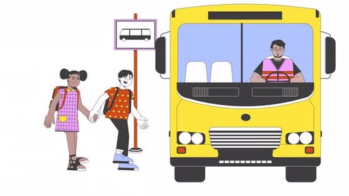 Crianças multiculturais embarcando em uma linha de ônibus, animação de personagens 2D