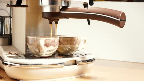 Espresso Pouring into Mugs, Coffee Machine Brewing Drink