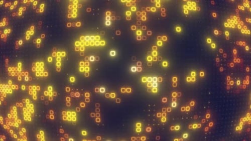 Bucle abstracto, amarillo y naranja, cuadrados de energía, partículas digitales brillantes, futuristas