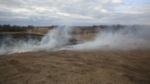 Aerial View of Dry Grass Burning on the Farmland