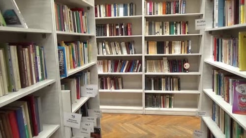 Organized bookshelves filled with diverse titles in a library. 4K