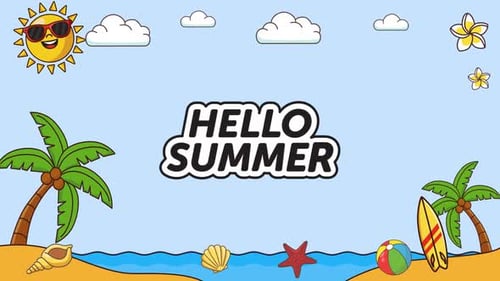 vector beach frame with sandcastle and palm tree featuring Hello Summer text.