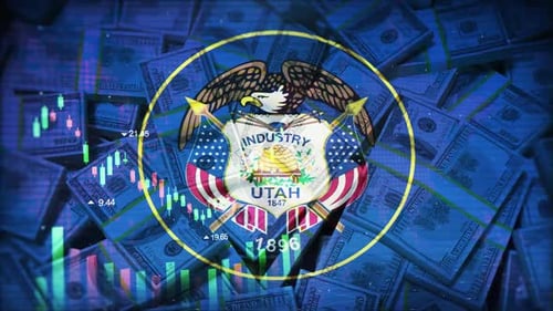 Utah Flag On Economic Background With Decrease Bar Chart Graph And Arrow
