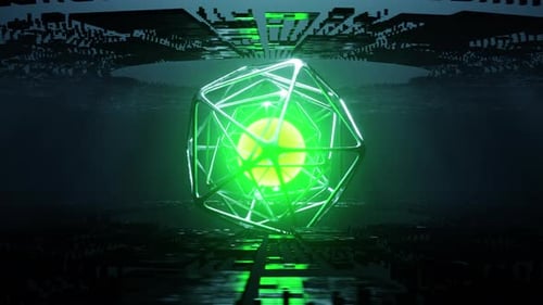 Futuristic looking green ball surrounded by glowing crystals. Looped animation