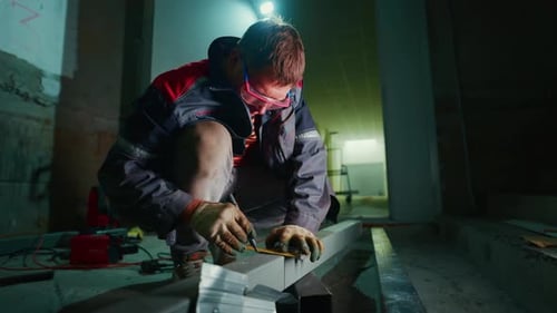 White Installer Aligning Aluminum Profile Under Bright Worklight Renovation Site Careful Placement