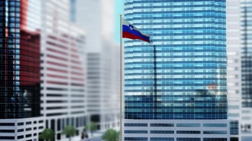 Slovenia Flag 3D Render Animation Waving in Front of Modern Glass Buildings – Daytime