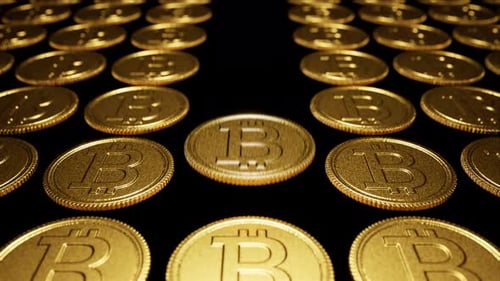 Cryptocurrency Bitcoins Lined Up In A Row