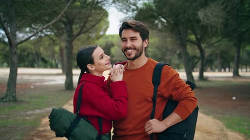Lovely Couple Standing Forest Path with Backpacks Close Up