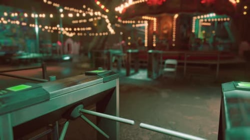 An Empty Amusement Park at Night with Illuminated Rides and Quiet Pathways