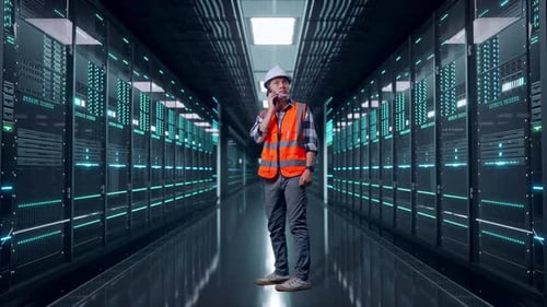 Full Body Side View Of Asian Male Engineer Talking On Smartphone in Data Center