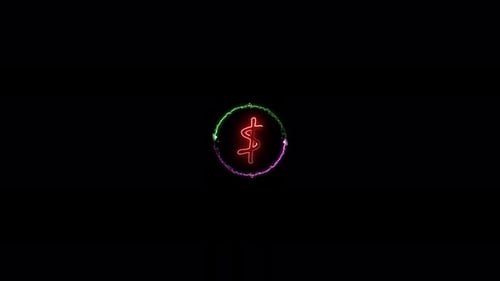 Dollarsymbol-Animation auf rosafarbenem und grünem Neonkreis, isoliertem schwarzem Hintergrund