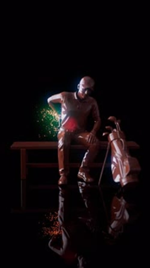 Conceptual 3D animation of a golfer suffering from lower back pain in vertical format