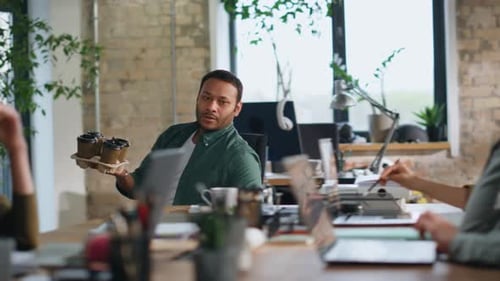 Colleague Sharing Coffee Team Tired of Office Work Coworkers Taking Paper Cups