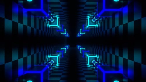 Blaues und blaues Neonlicht auf Ecken, Tunnelhintergrund, VJ Loop in 4K