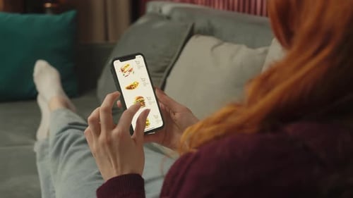 Back View Over Shoulder Woman Client Female Girl Buyer Scrolling Smartphone Screen Choose Fast Food