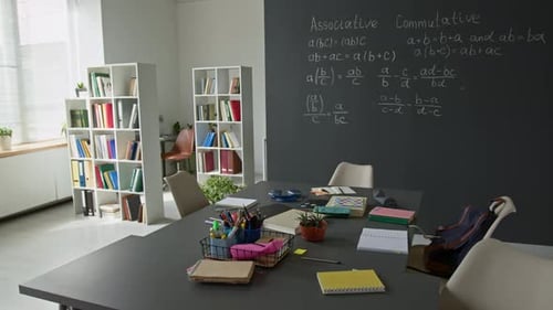 Classroom with books, blackboard and math formulas