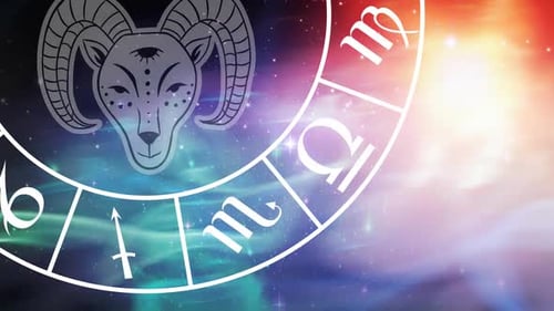 Animation of capricorn star sign symbol in spinning horoscope wheel over glowing stars