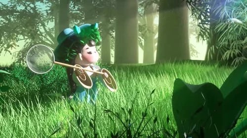 Animated 3D Character Catching Butterflies in a Lush Forest