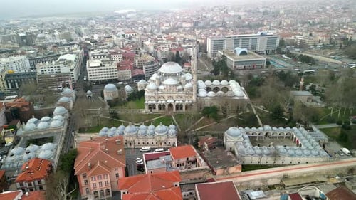 around Sehzade Mosque in Istanbul flying backwards shot