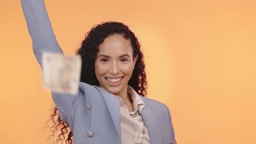 Money rain, black woman and face of business employee with cash and bank investment with a smile