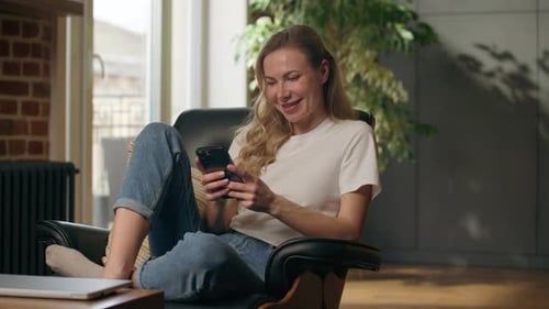 Laughing Caucasian Woman User Customer Browsing Social Media Mobile Phone App Laugh Business Female