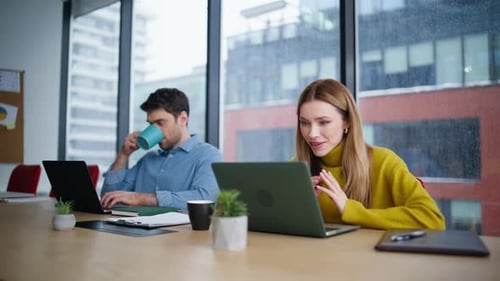 Friendly Coworkers Working Laptops at Office Space Closeup Man Woman Managers