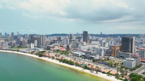 Beach in Cambodia, aerial city building skyline Sihanoukville province