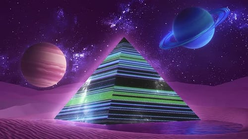 Erlebe eine atemberaubende futuristische Neonpyramide inmitten einer weitläufigen und mystischen kosmischen Landschaft