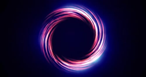 Looped twirl circle of stripes and lines of bright purple beautiful magical energy glowing neon, rou