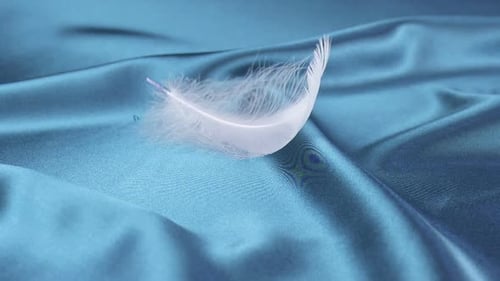 White Feather Falling onto Iridescent Blue Silk Fabric