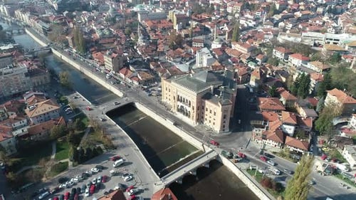 Aerial Footage of Sarajevo and National Library the Shot is Flying Over Vijecnica Library with a